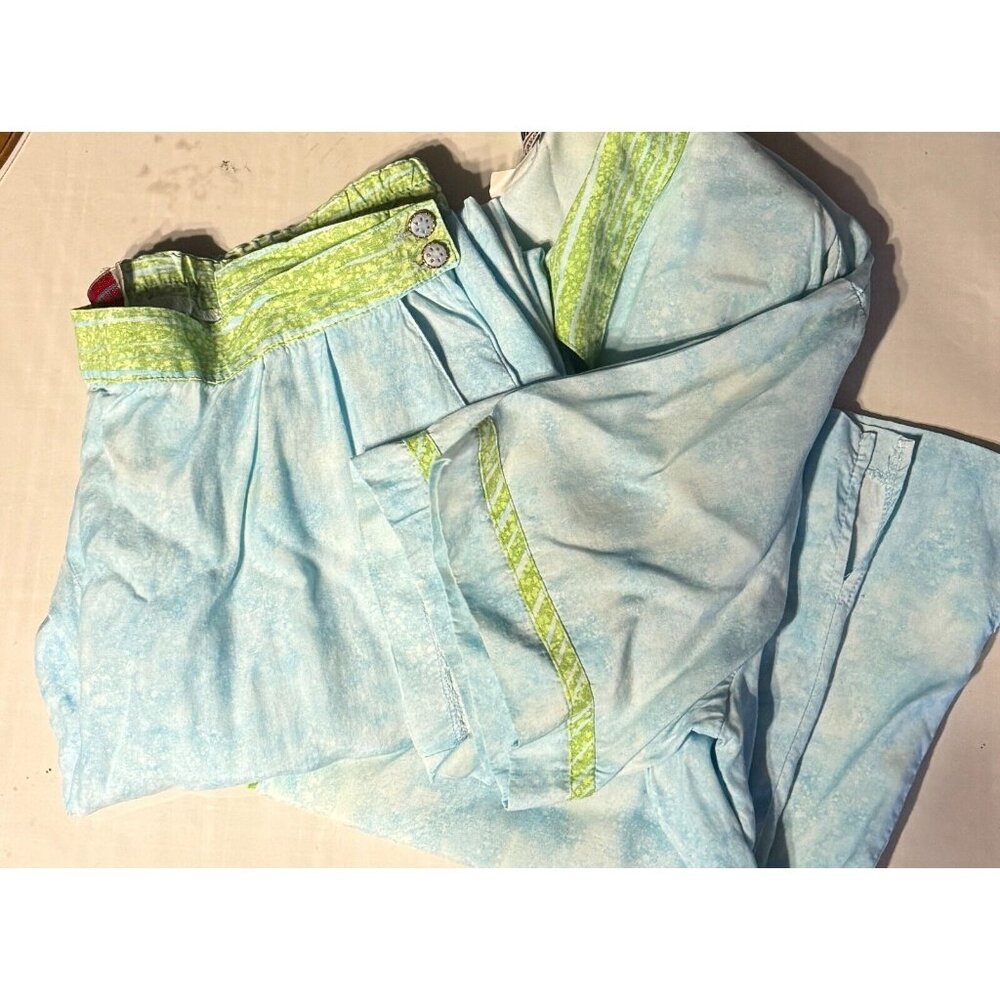Vintage 80s City Girl Nancy Bolen 2 Piece‎ Pant Set Blue Lime Acid Wash Rayon XL